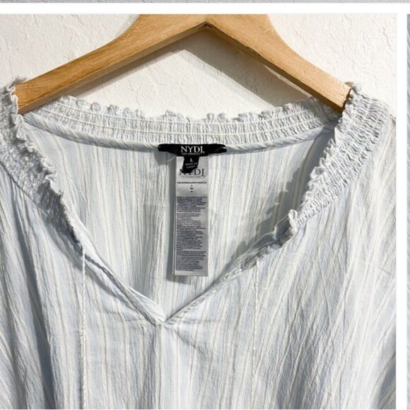 NYDJ Smocked Stripe Tassel Kaftan Embroidered Tunic Top Large Blue Boho Cover Up - Picture 2 of 4